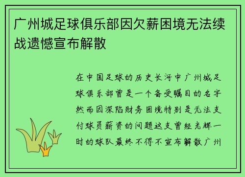 广州城足球俱乐部因欠薪困境无法续战遗憾宣布解散