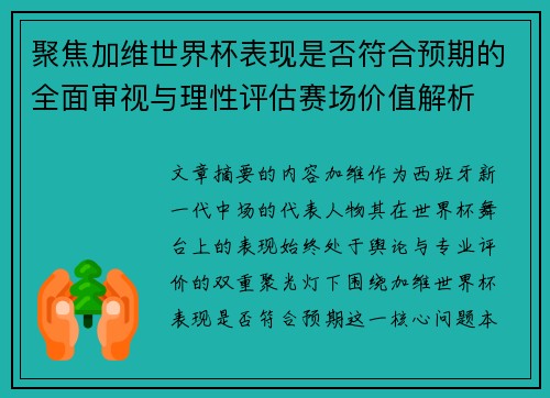 聚焦加维世界杯表现是否符合预期的全面审视与理性评估赛场价值解析
